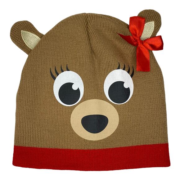 Bear Face Beanie with Red Bow On One Ear One Size - Picture 1 of 6